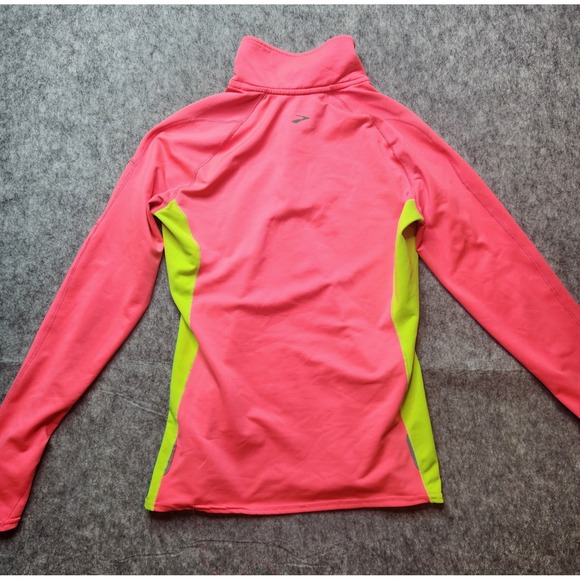 Brooks Womens Neon Pink Lime Green Quarter Zip Running Top Small Thumbholes - Picture 6 of 11